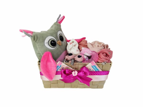 BabyDort plenkový dort Sova 30 cm - růžový dárkový koš box pro miminko a VIDEO