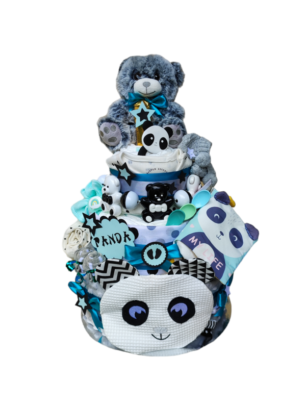 BabyDort třípatrový plenkový dort pro miminko PREMIUM mint - Panda (video)