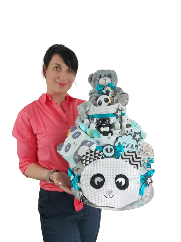 BabyDort třípatrový plenkový dort pro miminko PREMIUM mint - Panda (video) - Image 2