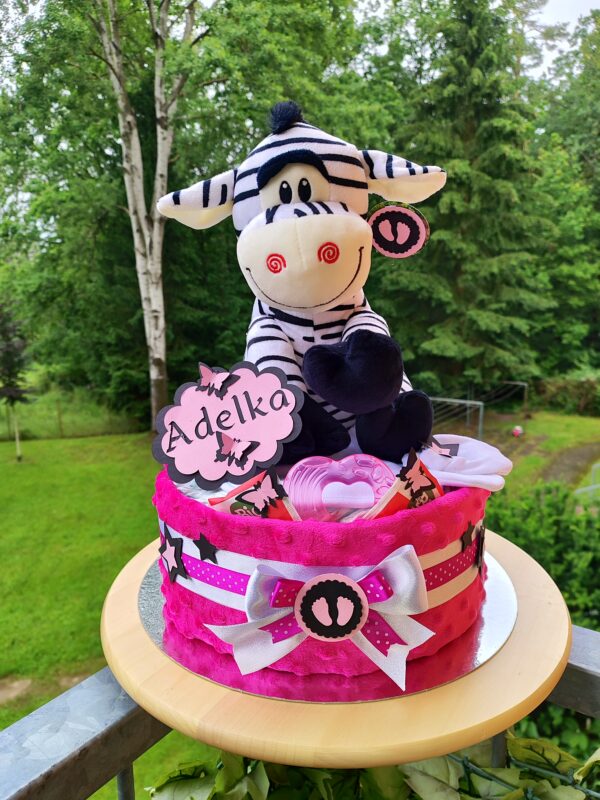 BabyDort jednopatrový plenkový dort pro miminko malinový – Zebra (video) - Image 2