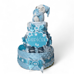 BabyDort třípatrový plenkový dort pro miminko modrý MEDVÍDEK S CHRASTÍTKEM (video)
