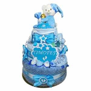 BabyDort třípatrový plenkový dort pro miminko modrý MEDVÍDEK S CHRASTÍTKEM (video)