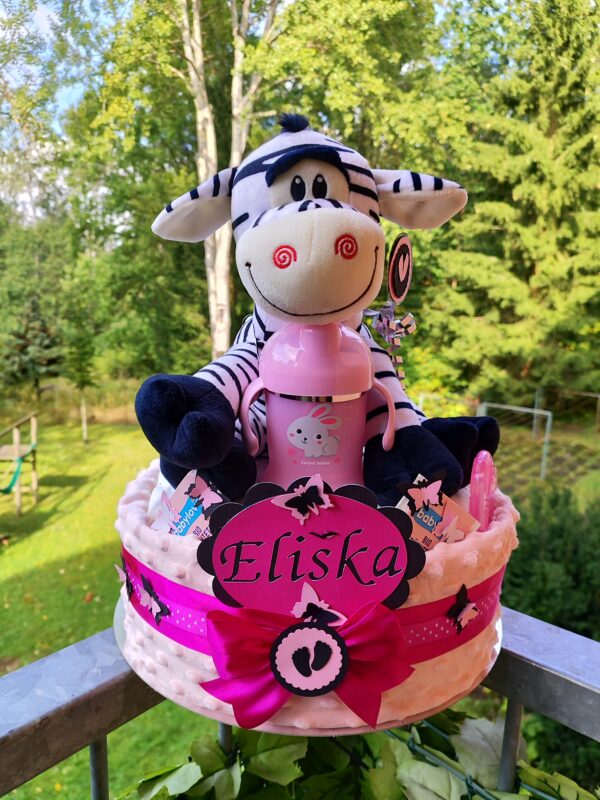 BabyDort jednopatrový plenkový dort  pro miminko růžový - Zebra (video) - Image 2