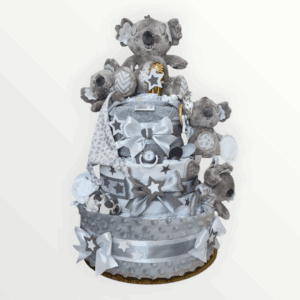 BabyDort třípatrový plenkový dort pro miminko šedá KOALÍ RODINKA (video)