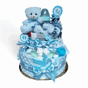BabyDort dvoupatrový plenkový dort pro miminko modrý MEDVÍDEK (VIDEO)