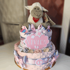 BabyDort dvoupatrový plenkový dort pro miminko růžová OVEČKA (video)