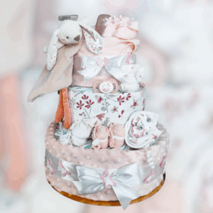 BabyDort třípatrový plenkový dort pro miminko růžový ZAJÍČEK USÍNÁČEK