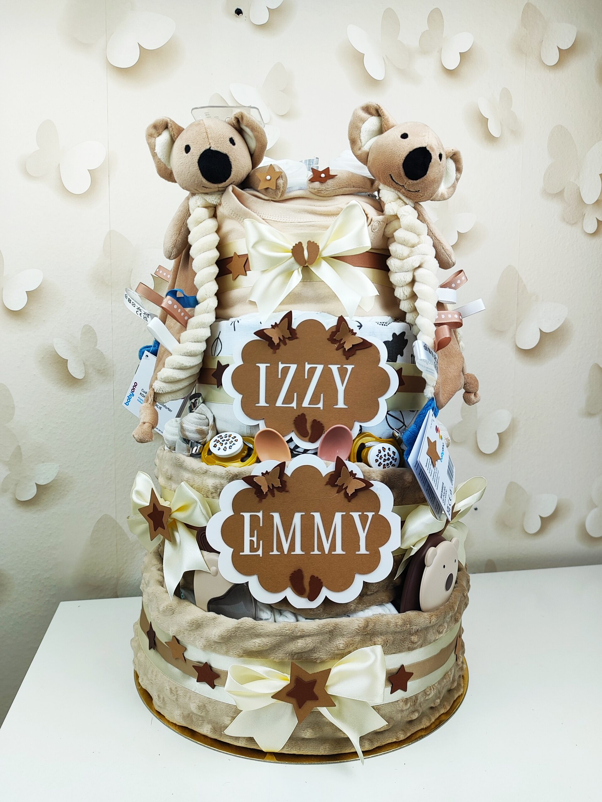 BabyDort ČTYŘPATROVÝ plenkový dort pro miminko KOALA pro DVOJČATA (video) - Obrázek 3