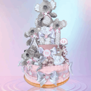 BabyDort třípatrový plenkový dort pro miminko KOALÍ RODINKA růžový (video)