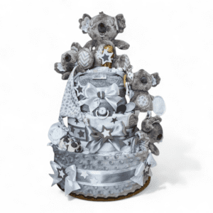 BabyDort třípatrový plenkový dort pro miminko šedá KOALÍ RODINKA (video)