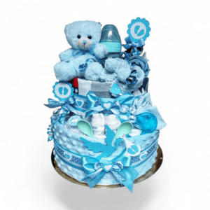 BabyDort dvoupatrový plenkový dort pro miminko modrý MEDVÍDEK (VIDEO)