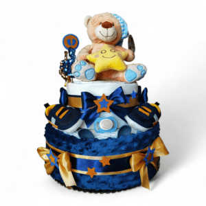 BabyDort dvoupatrový plenkový dort pro miminko modrý MEDVÍDEK s HVĚZDIČKOU
