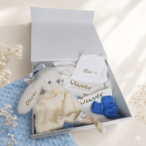 NOVINKA BabyGift textilní box pro miminko S POTISKEM dle přání – originální dárek k narození miminka MODRÝ