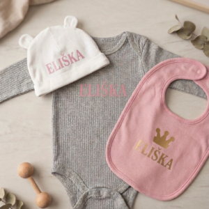 NOVINKA SET s POTISKEM jména nebo vlastního textu (čepička, body, bryndák) RŮŽOVÝ